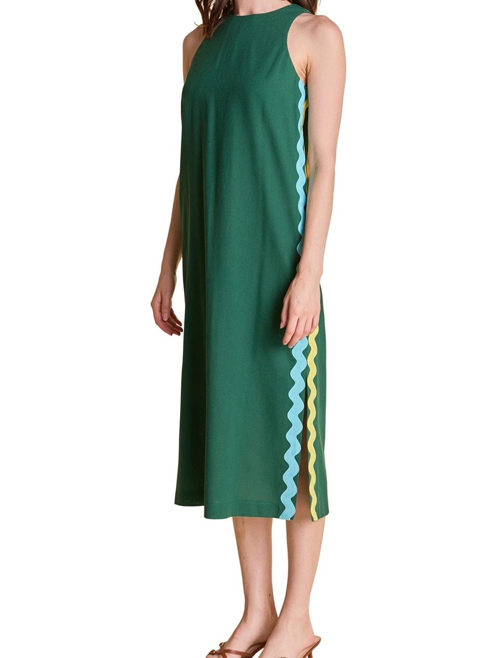 English Factory Green Sleeveless Midi Cover-Up with Blue and Yellow Trim